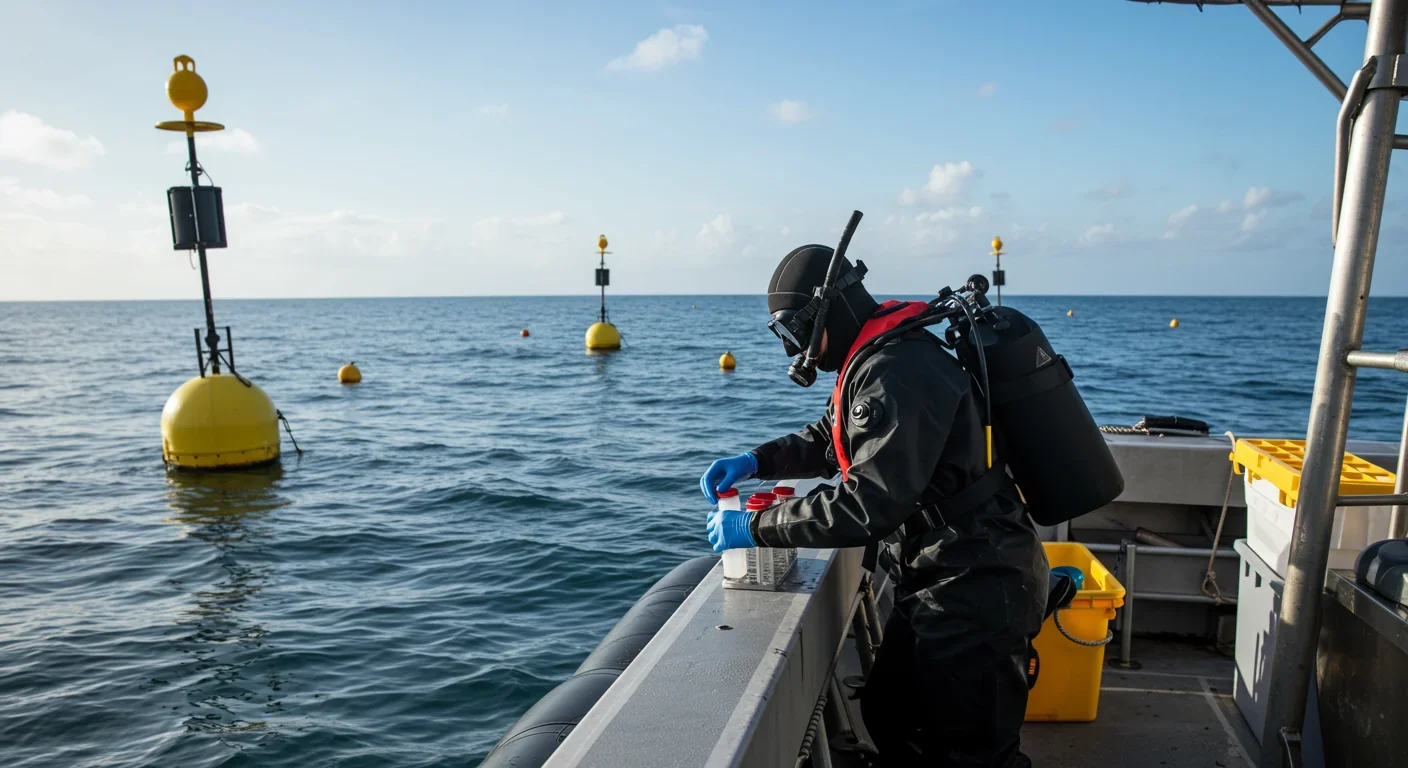 Marine scientist collecting water samples to monitor ocean pH levels from research vessel