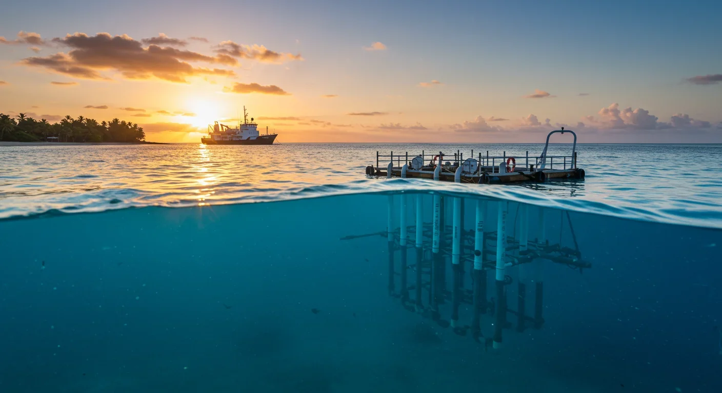 Tropical ocean with OTEC research vessel showing contrast between warm surface water and deep cold water used for renewable energy generation
