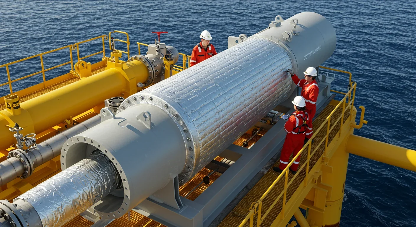 Advanced thin-foil heat exchanger technology on floating OTEC platform showing compact design that reduces costs while maintaining thermal efficiency