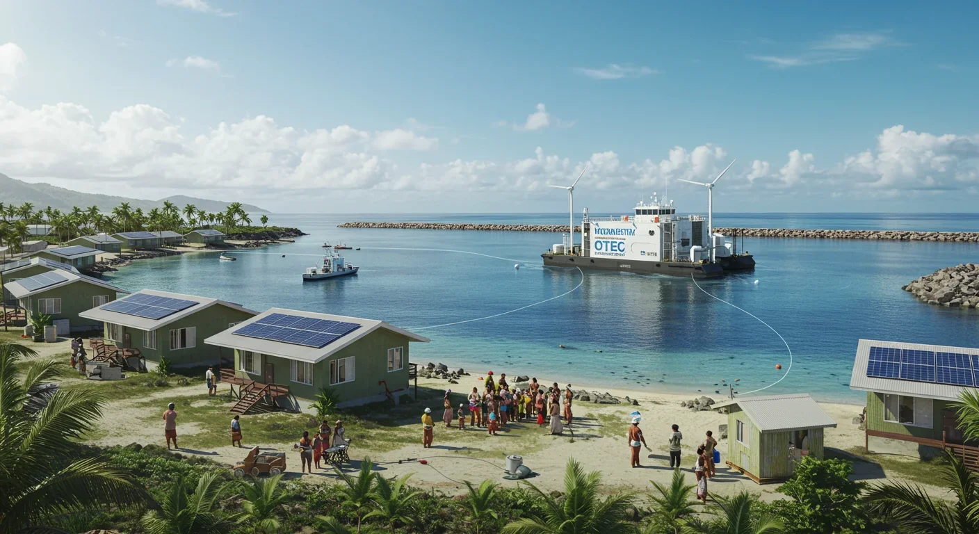 Pacific island community powered by modular OTEC floating platform providing baseload renewable electricity and freshwater independence from diesel fuel