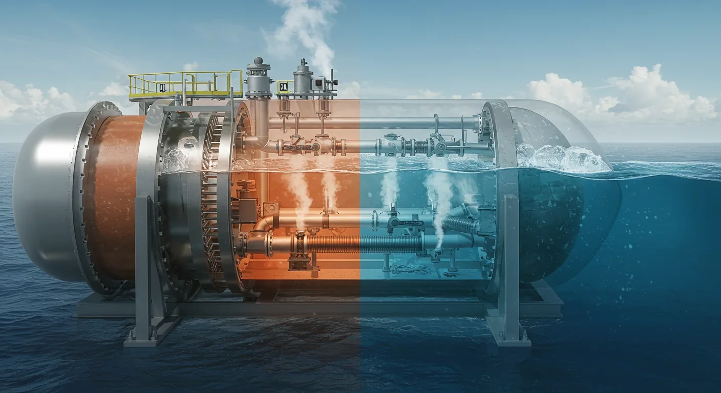 Cutaway view of an OTEC heat exchanger showing warm and cold seawater flows converting heat into electricity