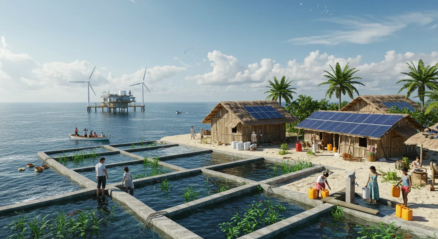 Island community benefiting from OTEC-generated electricity, freshwater, and aquaculture revenue