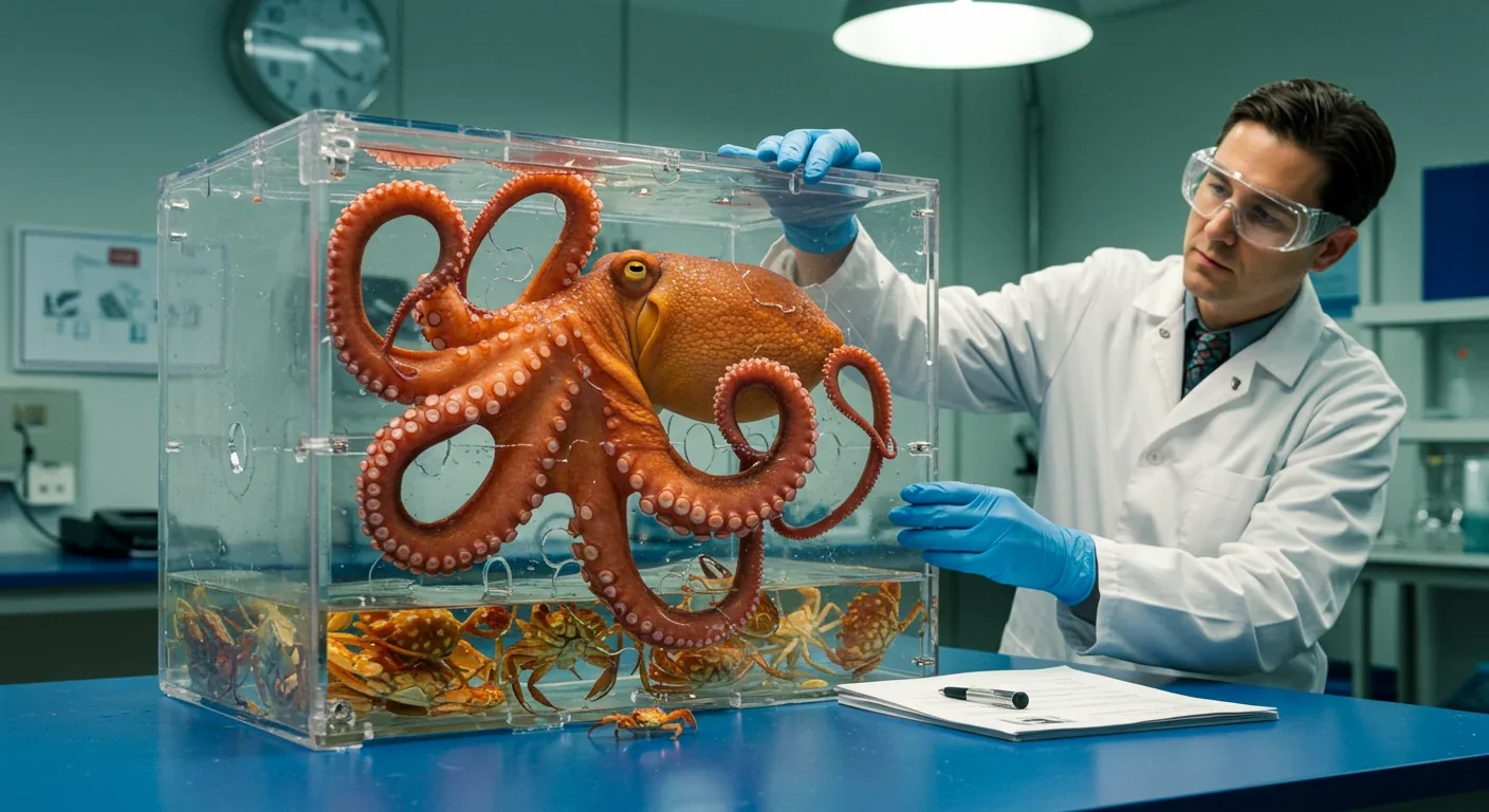 Octopus demonstrating problem-solving intelligence by opening transparent puzzle box in marine research laboratory