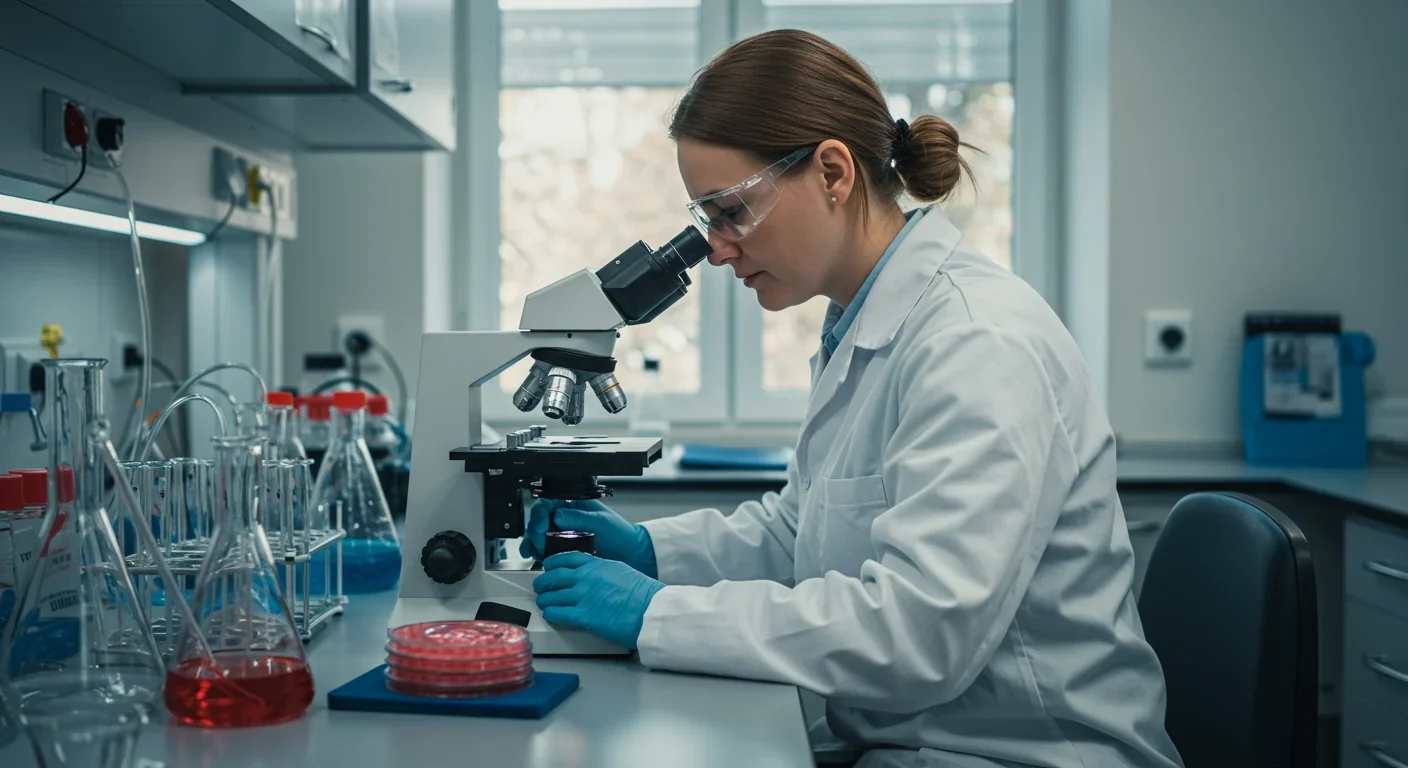 Medical researcher examining intestinal cell cultures under microscope to study gut barrier function