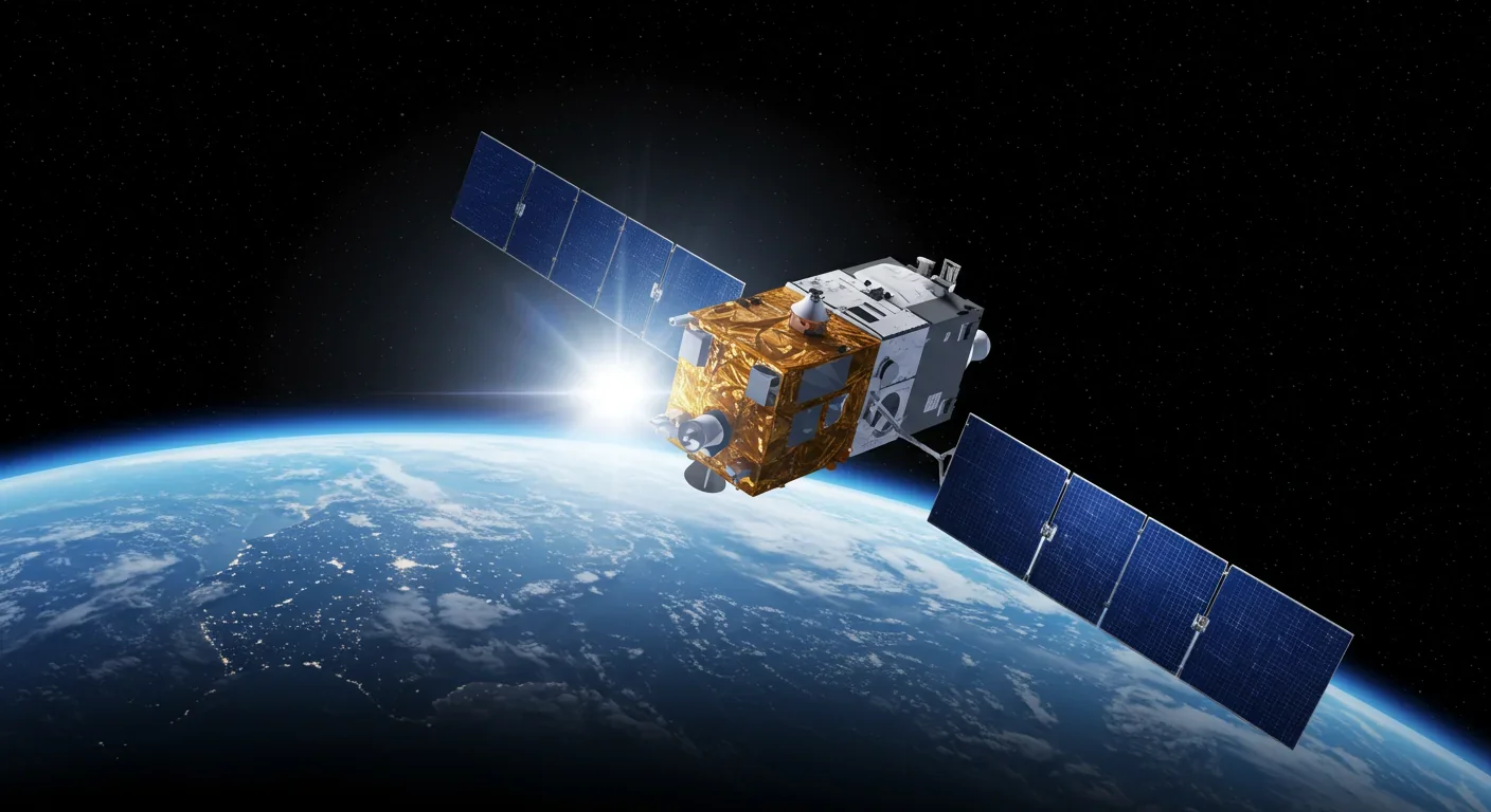 Commercial manufacturing satellite in low-Earth orbit with solar arrays deployed above Earth's blue atmosphere