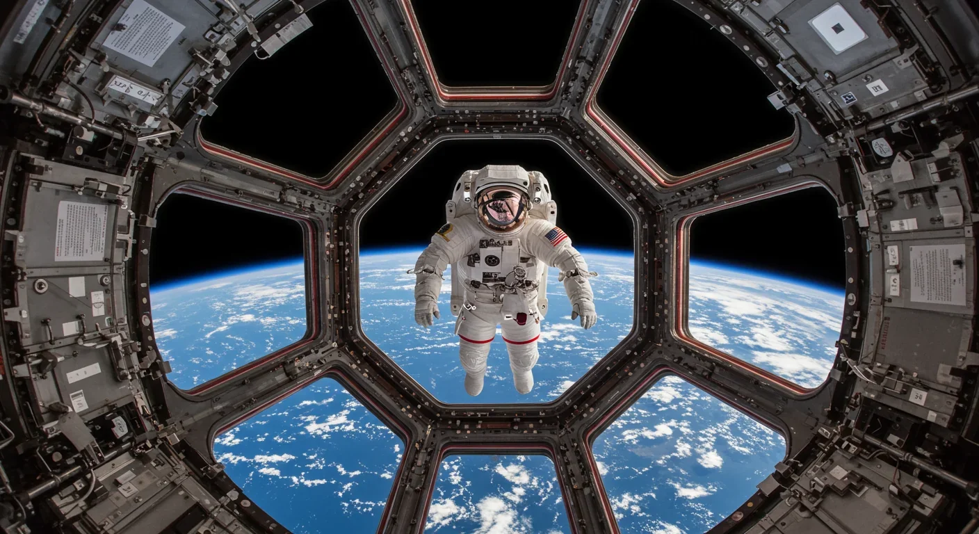 Astronaut viewing Earth through ISS cupola observation module with panoramic windows