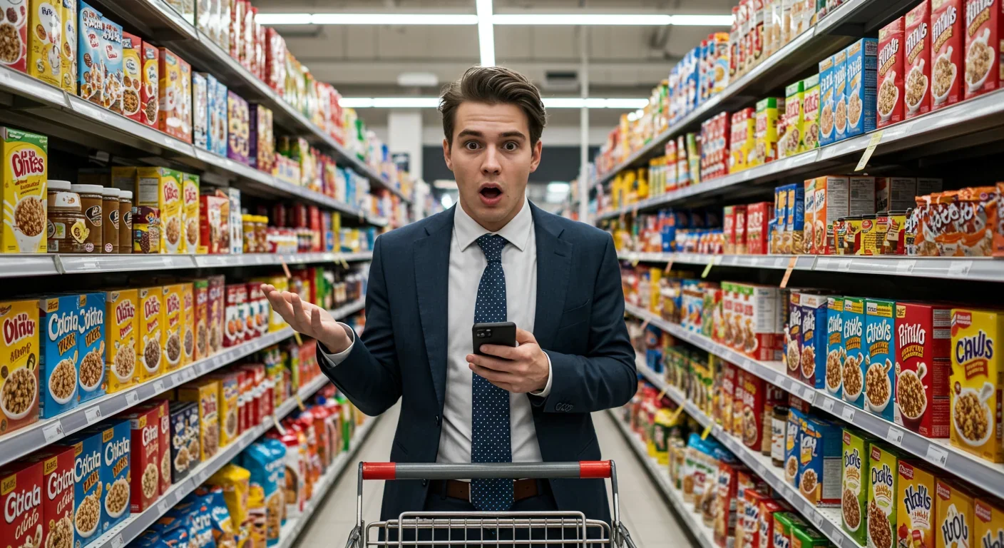 Person overwhelmed by too many cereal choices in supermarket aisle while checking smartphone
