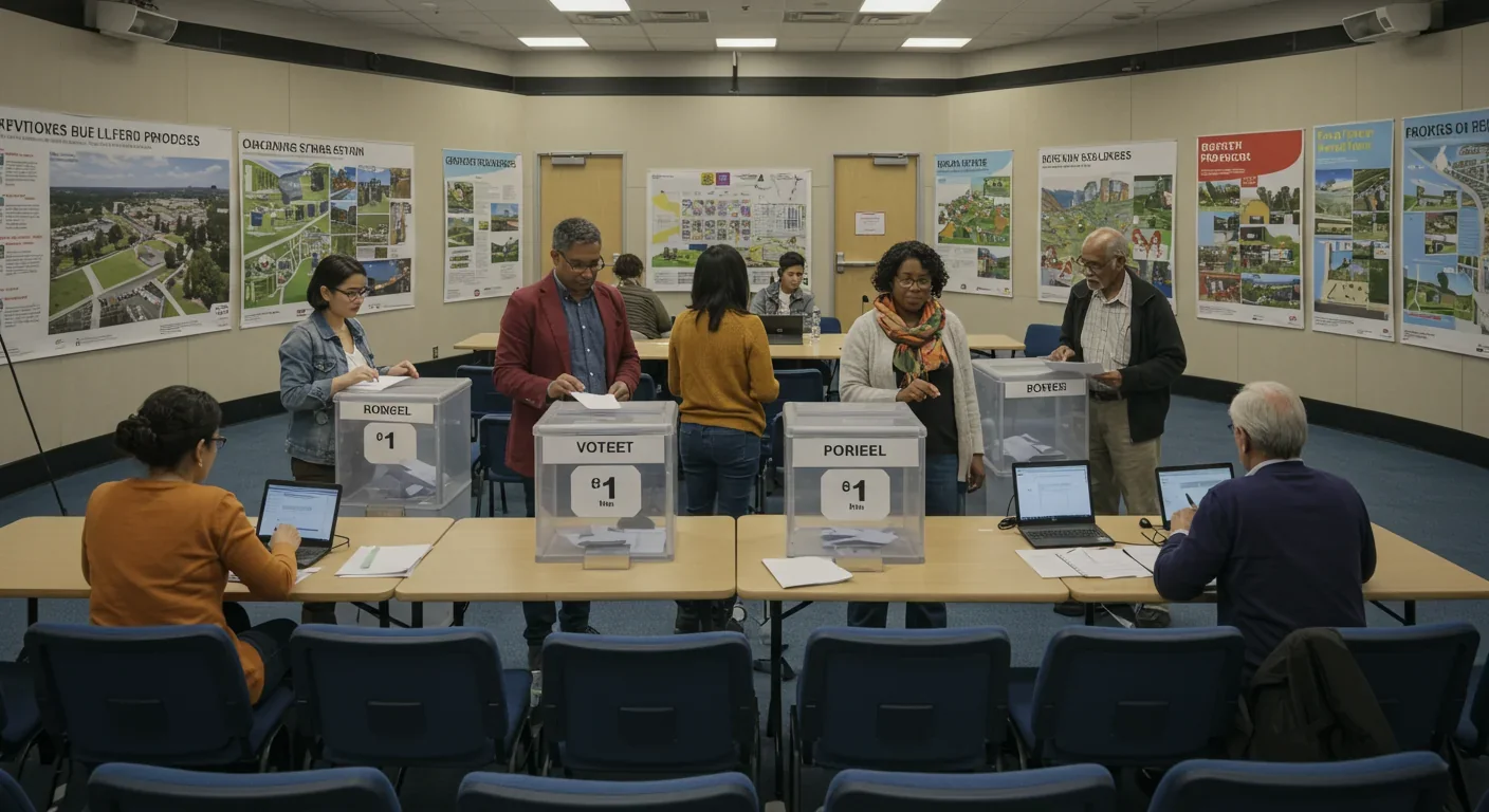 Residents participating in a participatory budgeting vote at a community center, reviewing project proposals and casting ballots