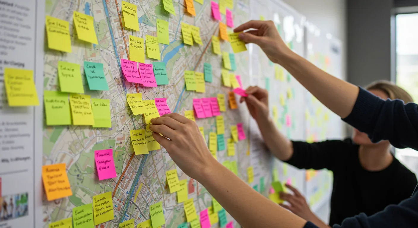 Residents adding sticky notes to neighborhood map during participatory planning exercise