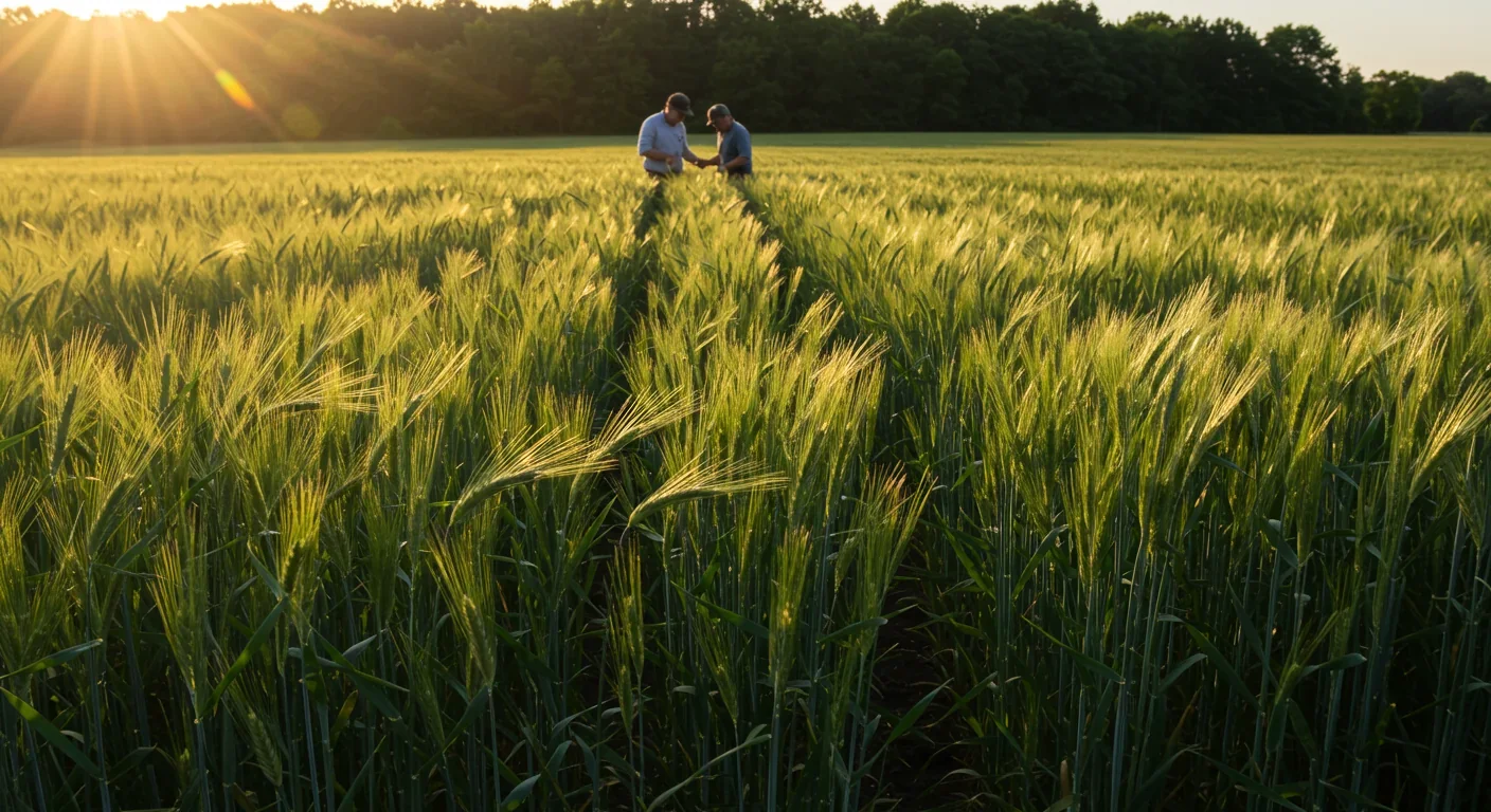 Kernza perennial wheatgrass field with deep roots anchoring rich topsoil, representing sustainable no-till grain agriculture