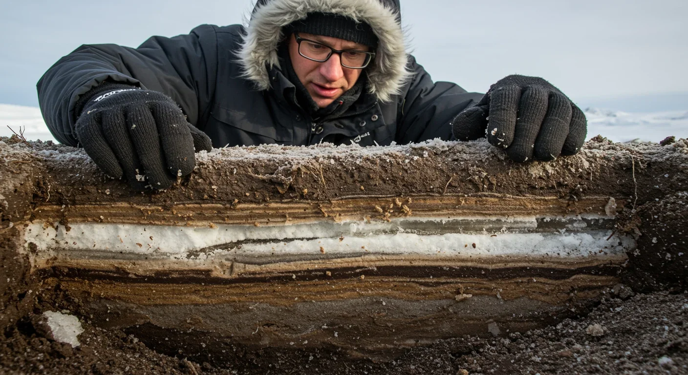 Scientist examining permafrost soil core showing layers of frozen organic matter and ice in Arctic fieldwork
