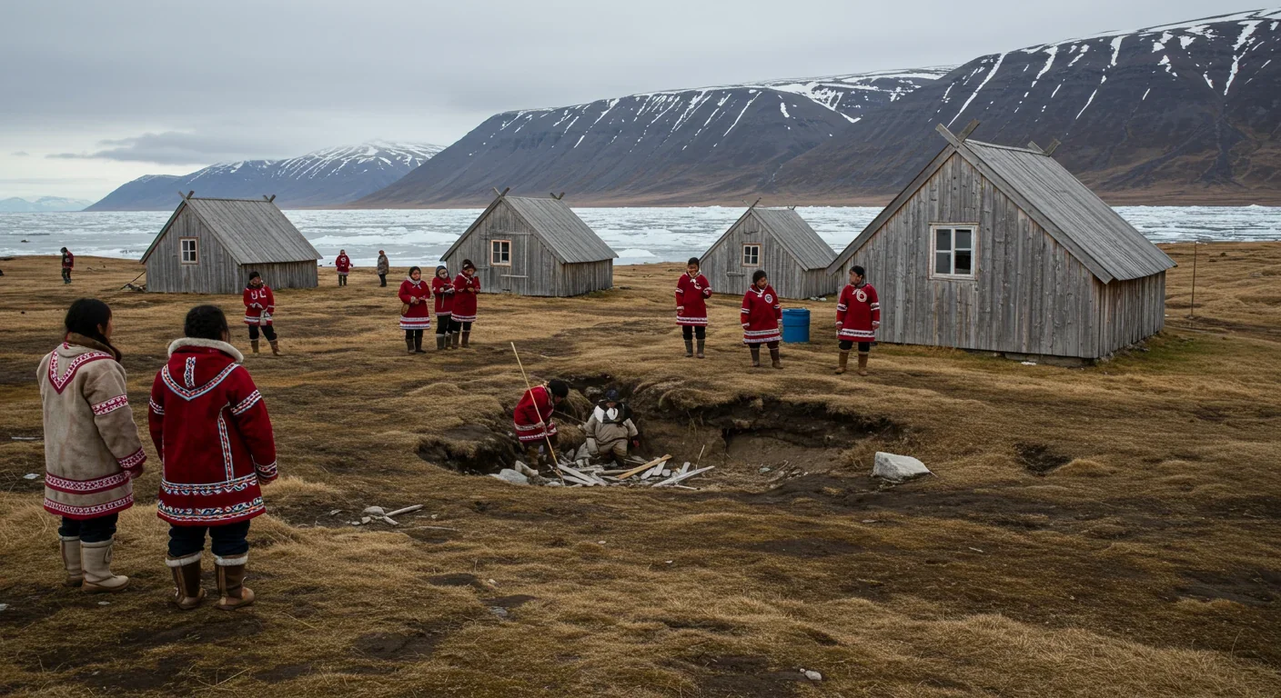 Indigenous Arctic residents near damaged buildings showing effects of permafrost thaw on community infrastructure