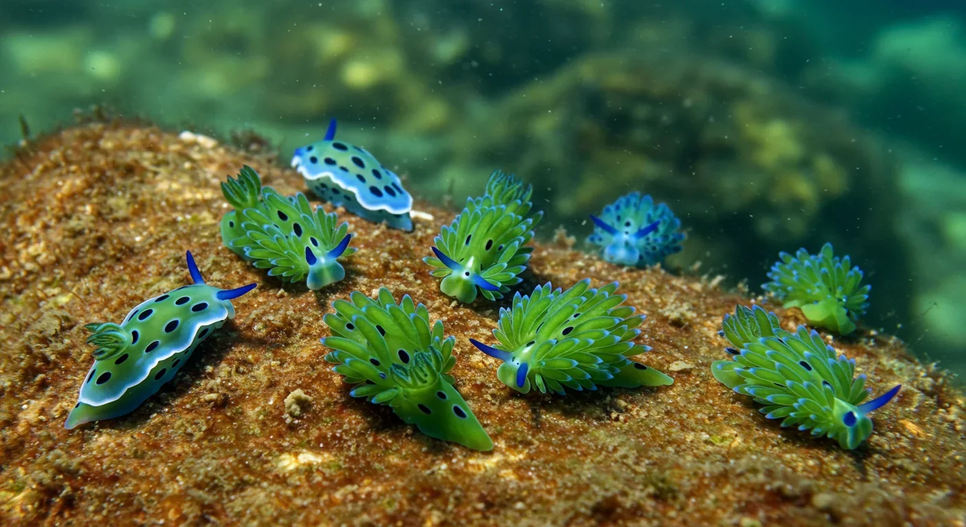 Multiple species of photosynthetic sea slugs displaying varied colors from chloroplast retention