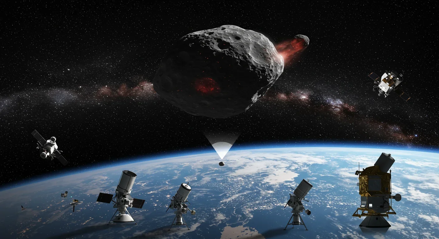 Asteroid approaching Earth being tracked by ground telescopes and satellites in a planetary defense scenario