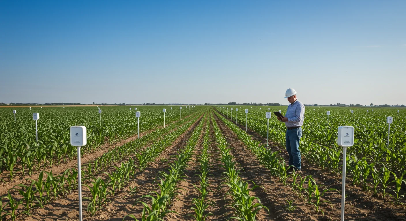 Acoustic monitoring sensors deployed across a corn field detecting ultrasonic plant stress signals for precision irrigation