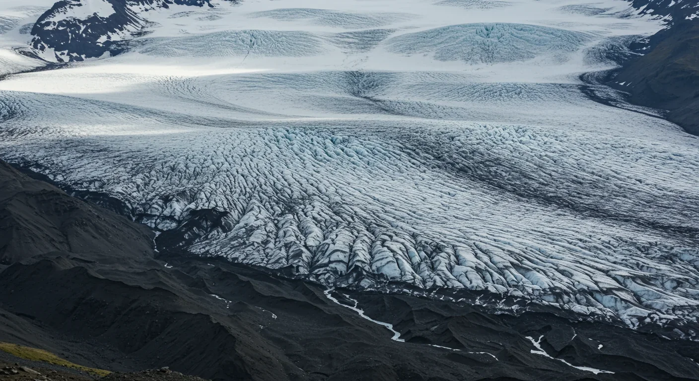 Nitrogen ice glacier flowing from Sputnik Planitia into surrounding terrain showing clear flow patterns