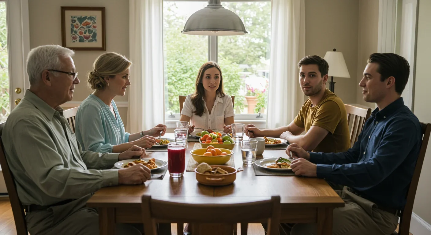 Multi-generational family gathered around dinner table representing intergenerational dialogue