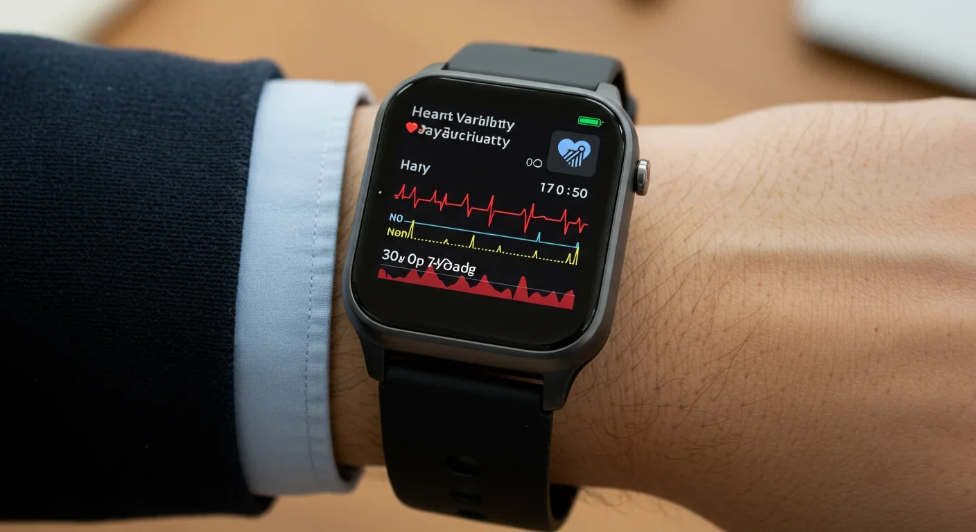 Smartwatch displaying heart rate variability measurements for tracking nervous system regulation