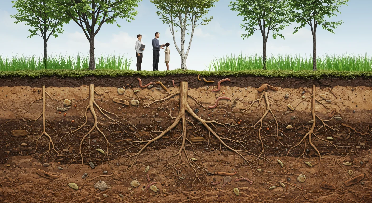 Cross-section of soil showing deep perennial root systems and healthy soil biology with fungal networks