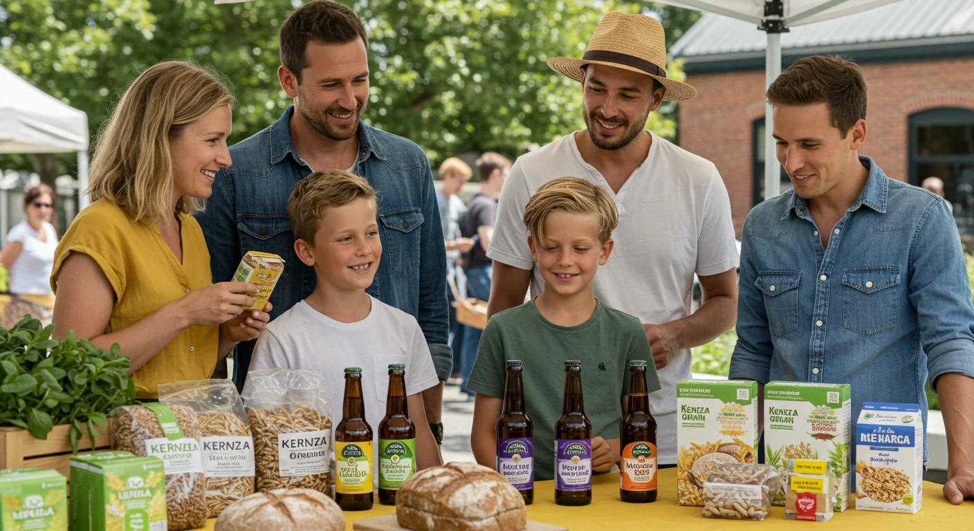 Family shopping for Kernza grain products at farmers market supporting sustainable perennial agriculture