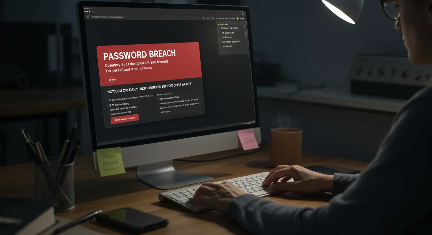 Computer screen showing data breach alerts and security warnings as user responds to privacy compromise