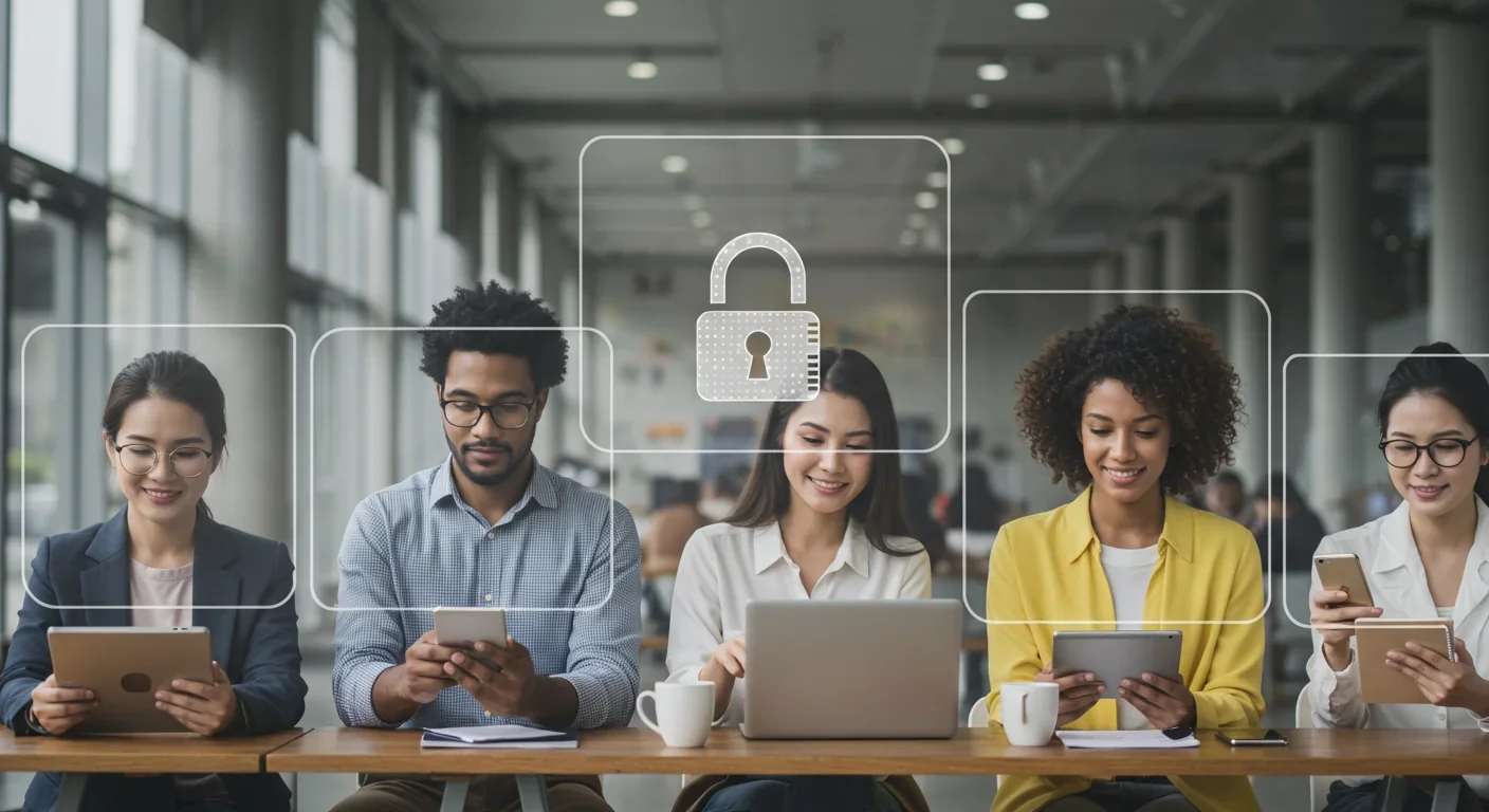 People using encrypted devices with privacy protection symbols representing individual action against surveillance