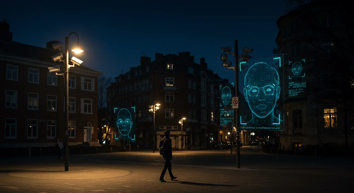 Person walking under multiple surveillance cameras with facial recognition overlays in urban environment