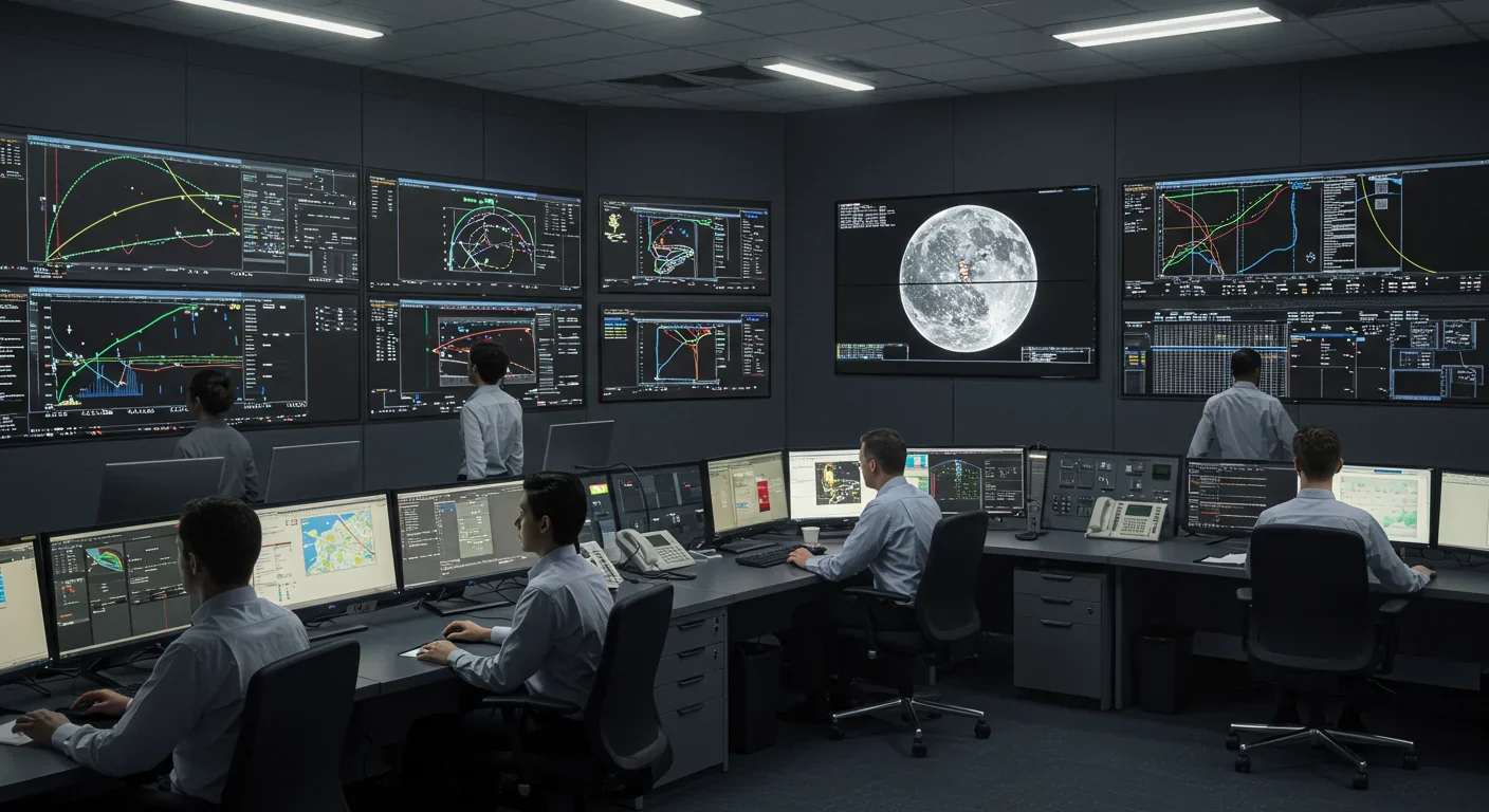 Mission control center monitoring commercial lunar landing with team analyzing trajectory data on multiple screens