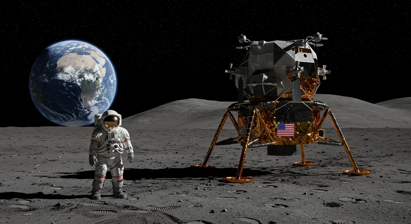 Astronaut beside commercial lunar lander on Moon's surface with Earth rising in the background