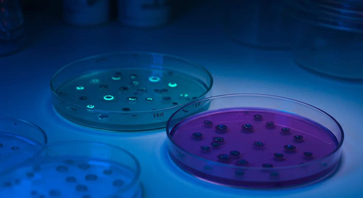 Cell cultures in petri dishes under microscope illumination in research lab