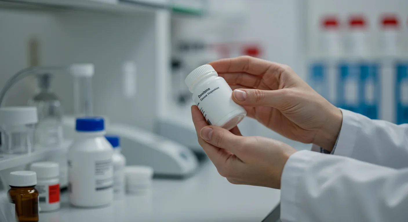 Scientist holding medicine bottle representing new therapeutic approaches