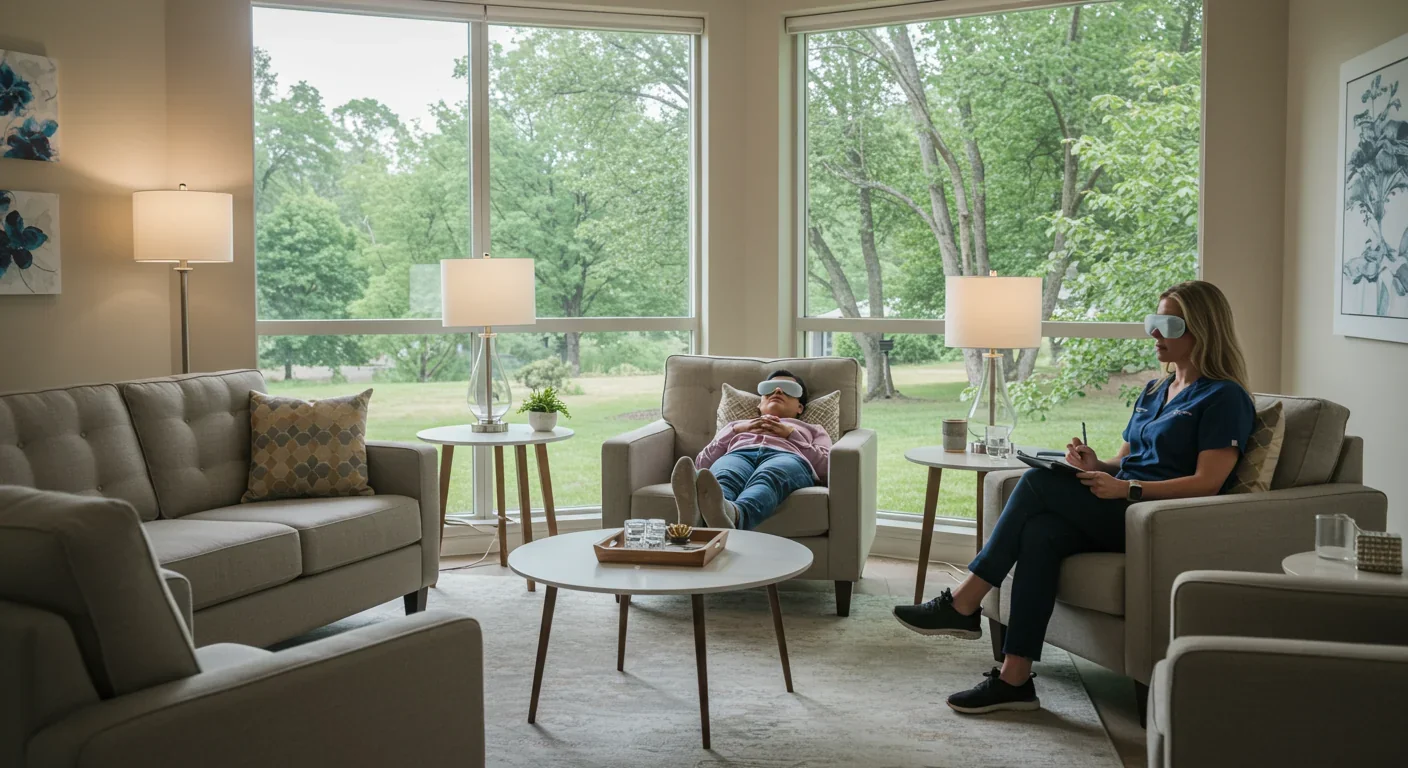 Patient receiving psychedelic therapy in a comfortable clinical setting with therapist supervision