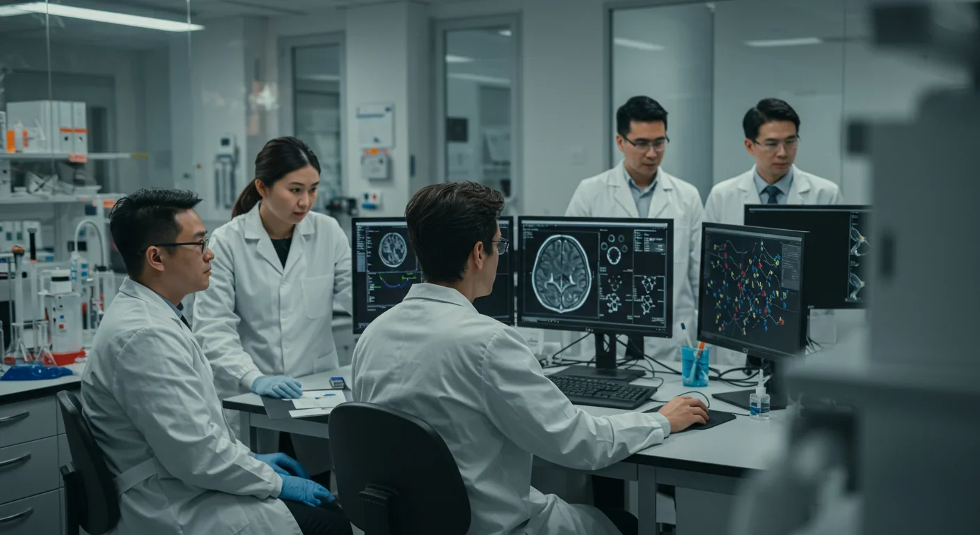 Medical researchers studying brain scans and molecular structures in a modern neuroscience laboratory