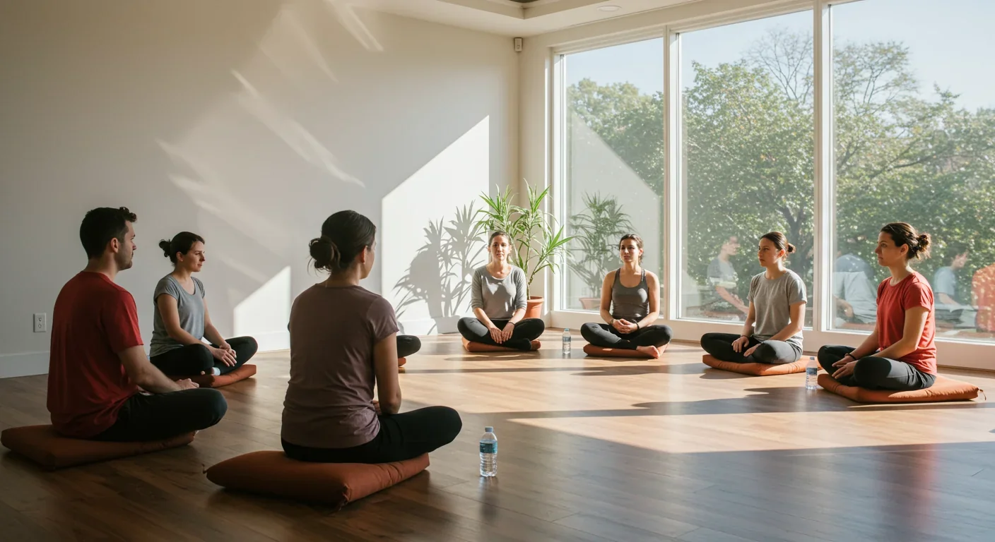 Group of people participating in an integration therapy session in a sunlit meditation room