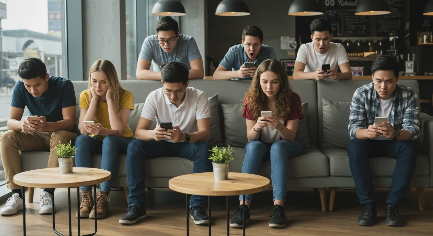 Young adults looking at smartphones with concerned expressions in coffee shop representing online outrage culture