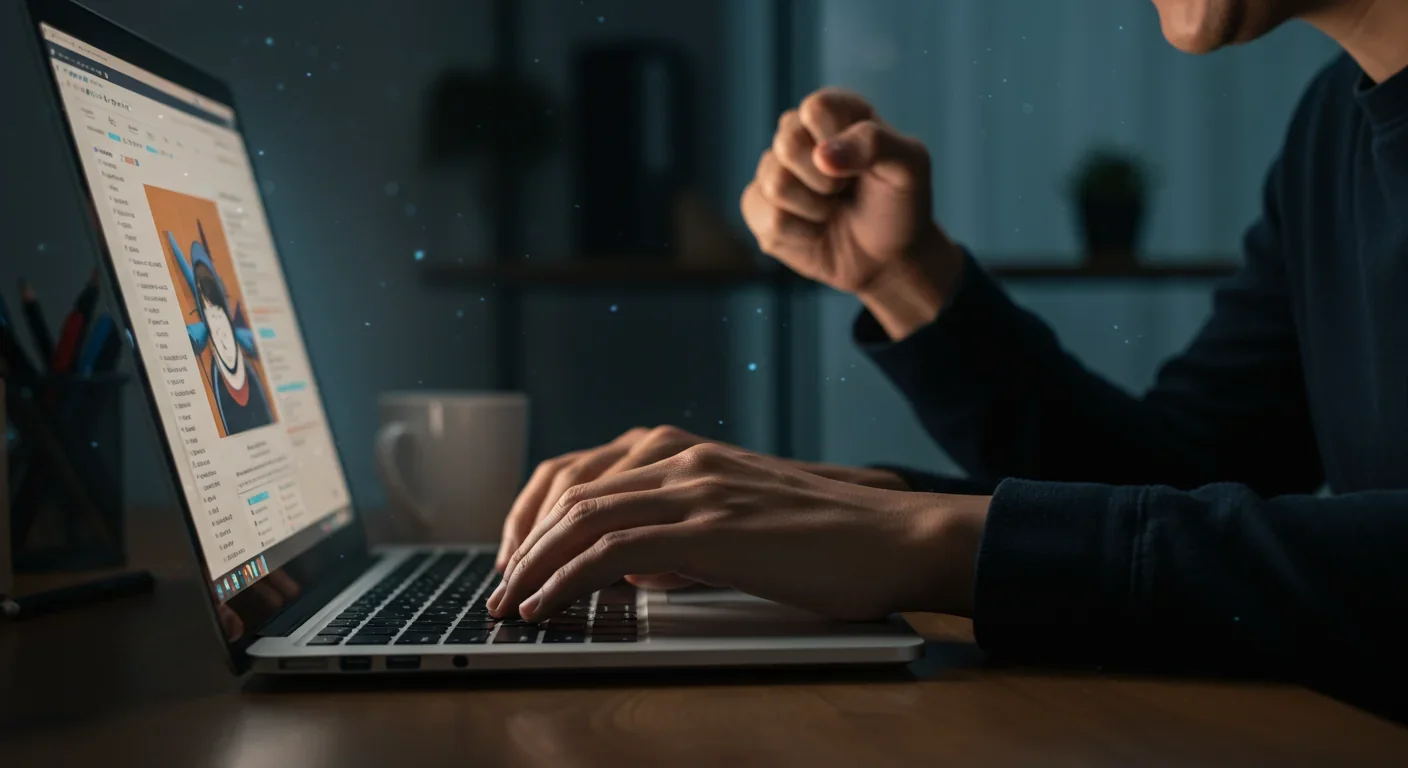 Person typing intensely on laptop representing online engagement and digital participation in shaming campaigns