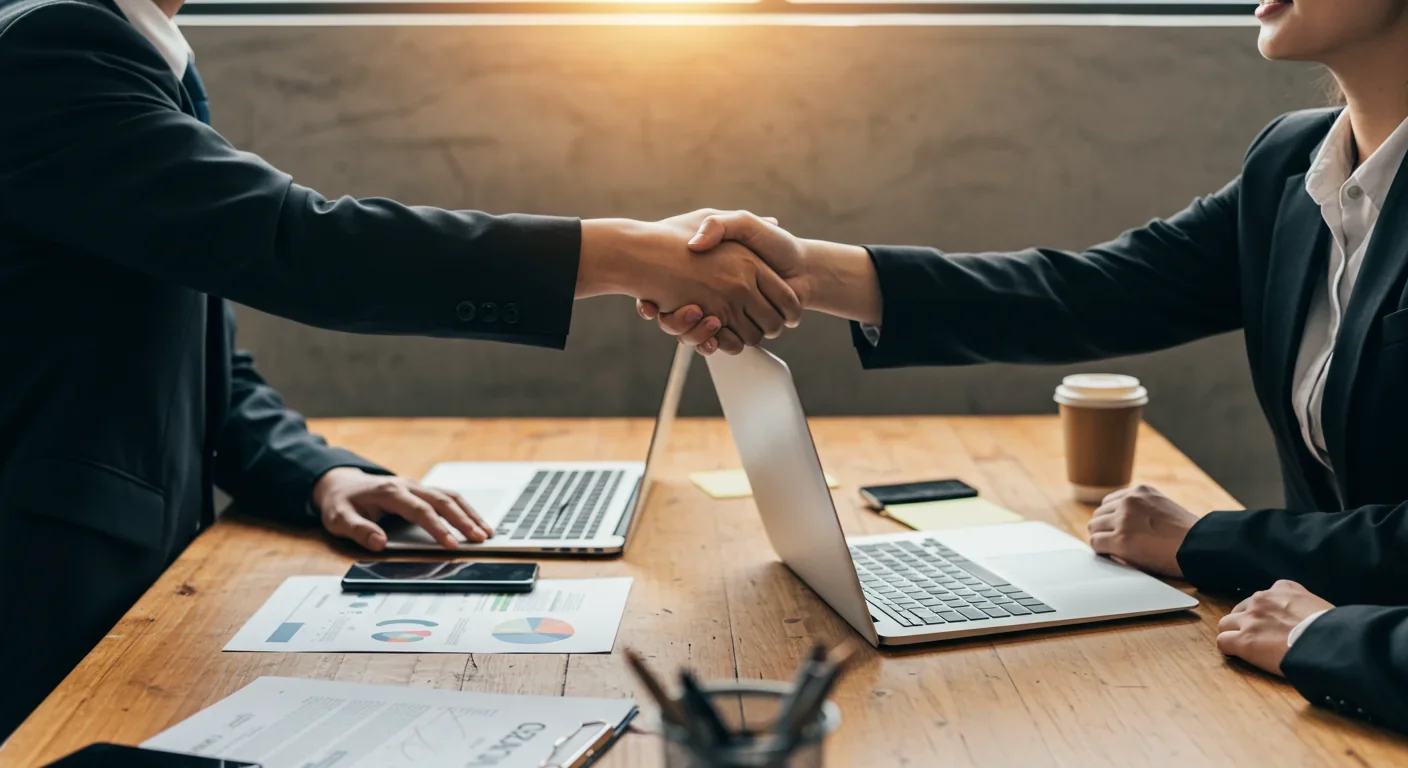 Two professionals shaking hands representing restorative approaches to accountability and conflict resolution