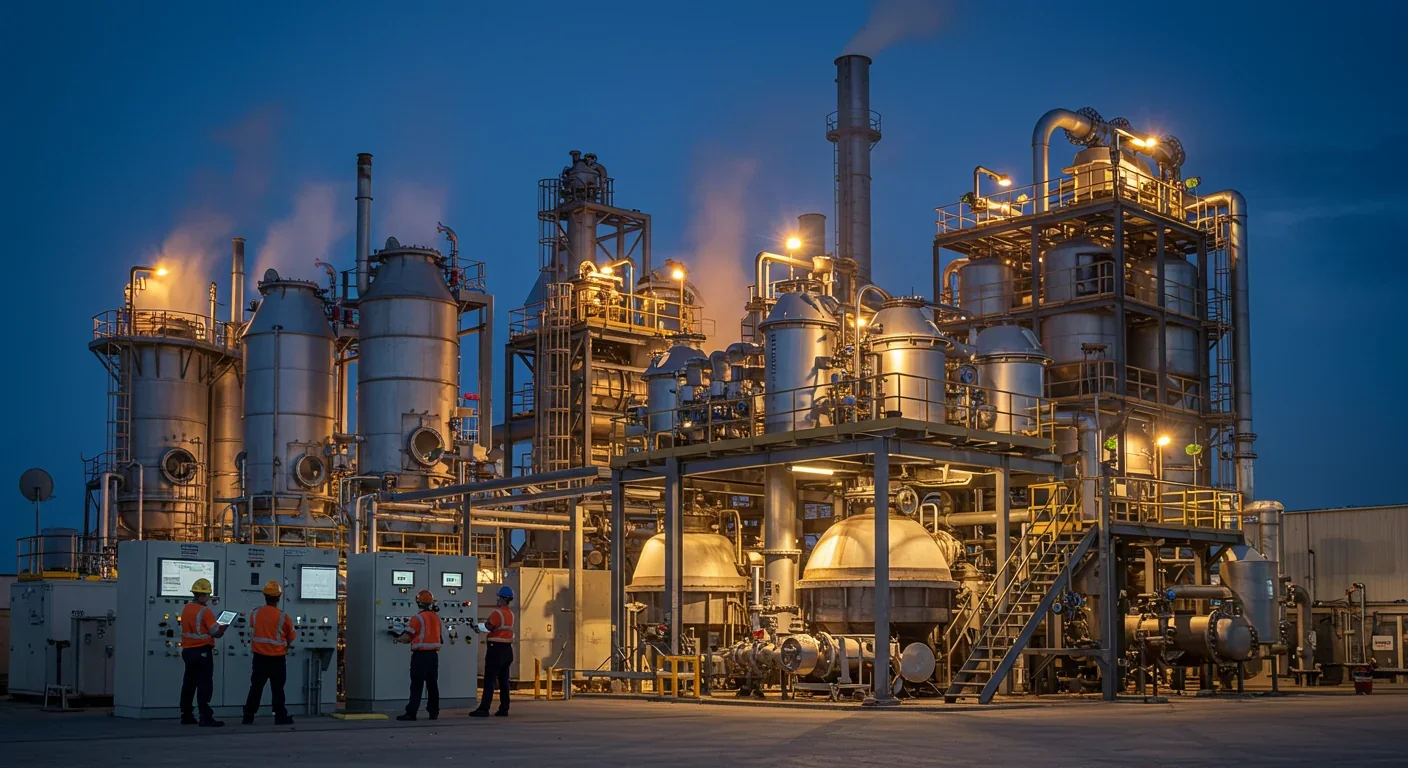 Modern pyrolysis facility processing plastic waste into oil with illuminated reactors and technicians monitoring equipment