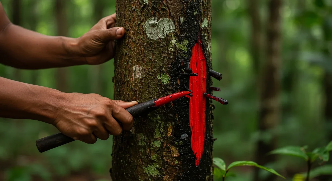 Indigenous harvester using sustainable traditional methods to collect medicinal tree sap under fair-trade pharmaceutical partnership