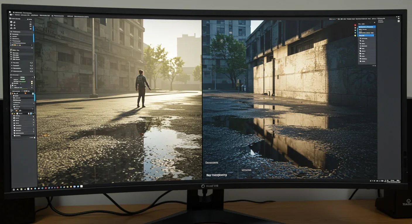 Split-screen comparison showing traditional rasterization versus ray traced reflections