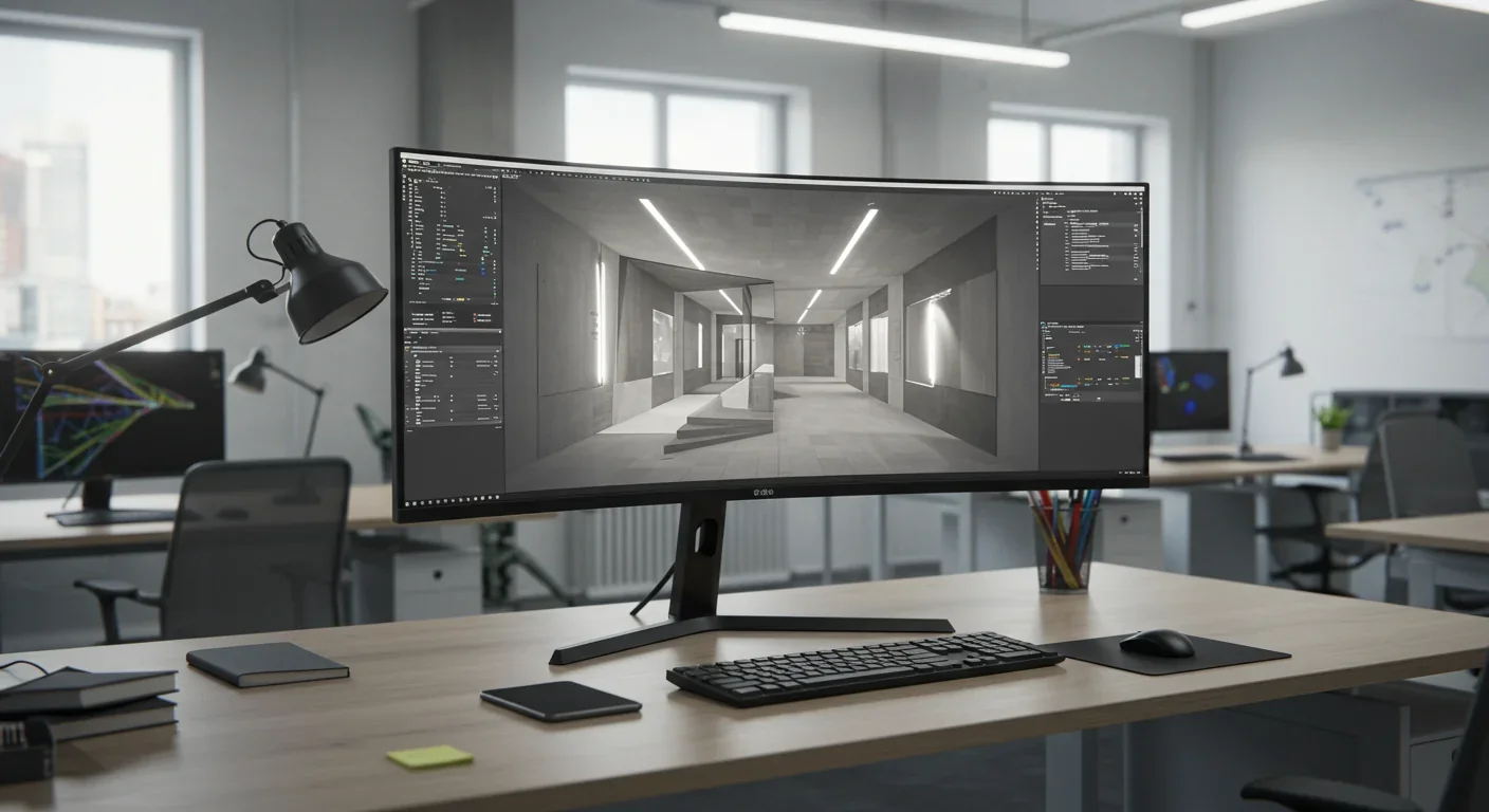 Professional workstation showing real-time ray traced architectural visualization