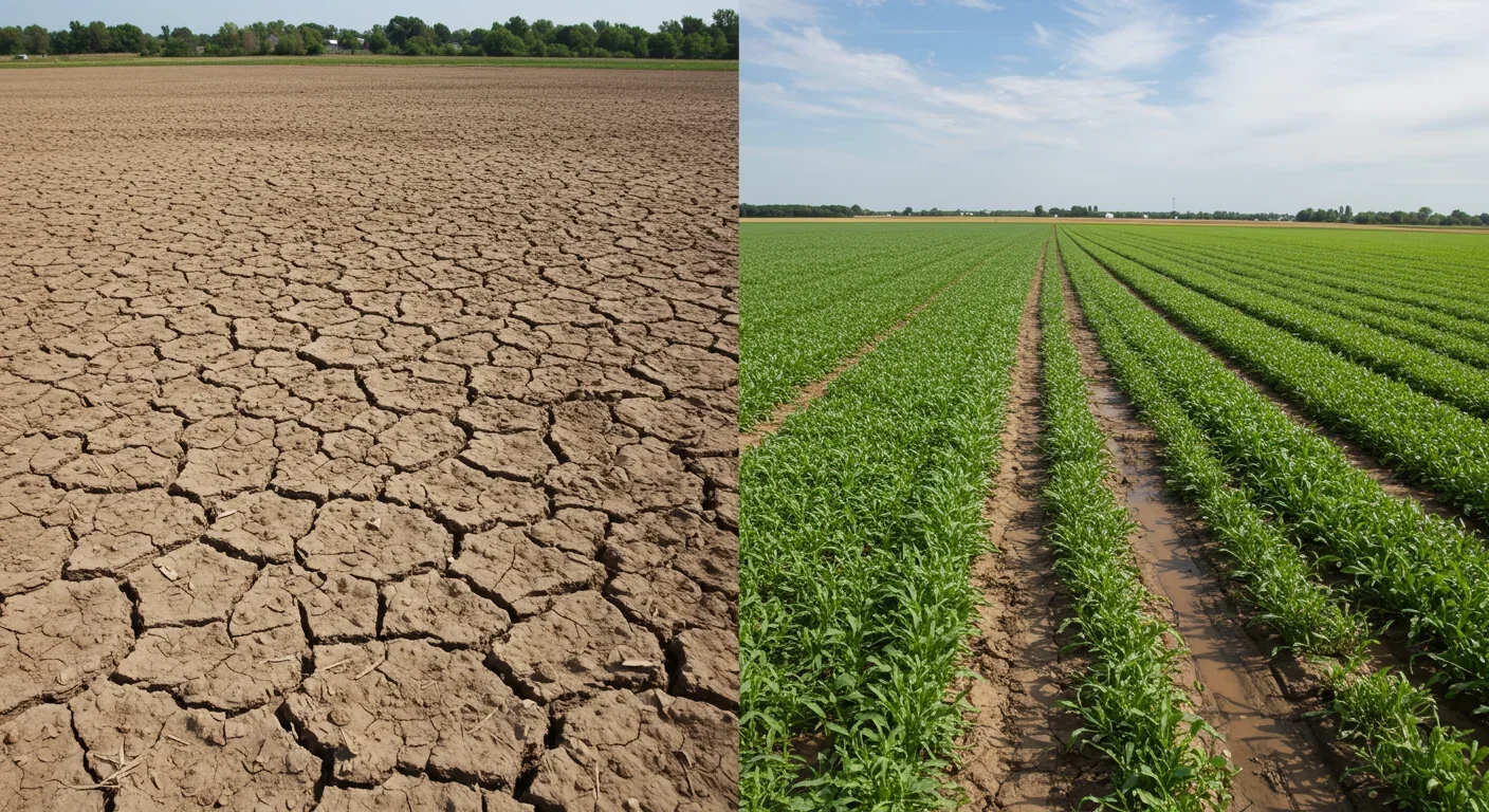 Side-by-side comparison showing regenerative farm soil retaining moisture versus cracked conventional field