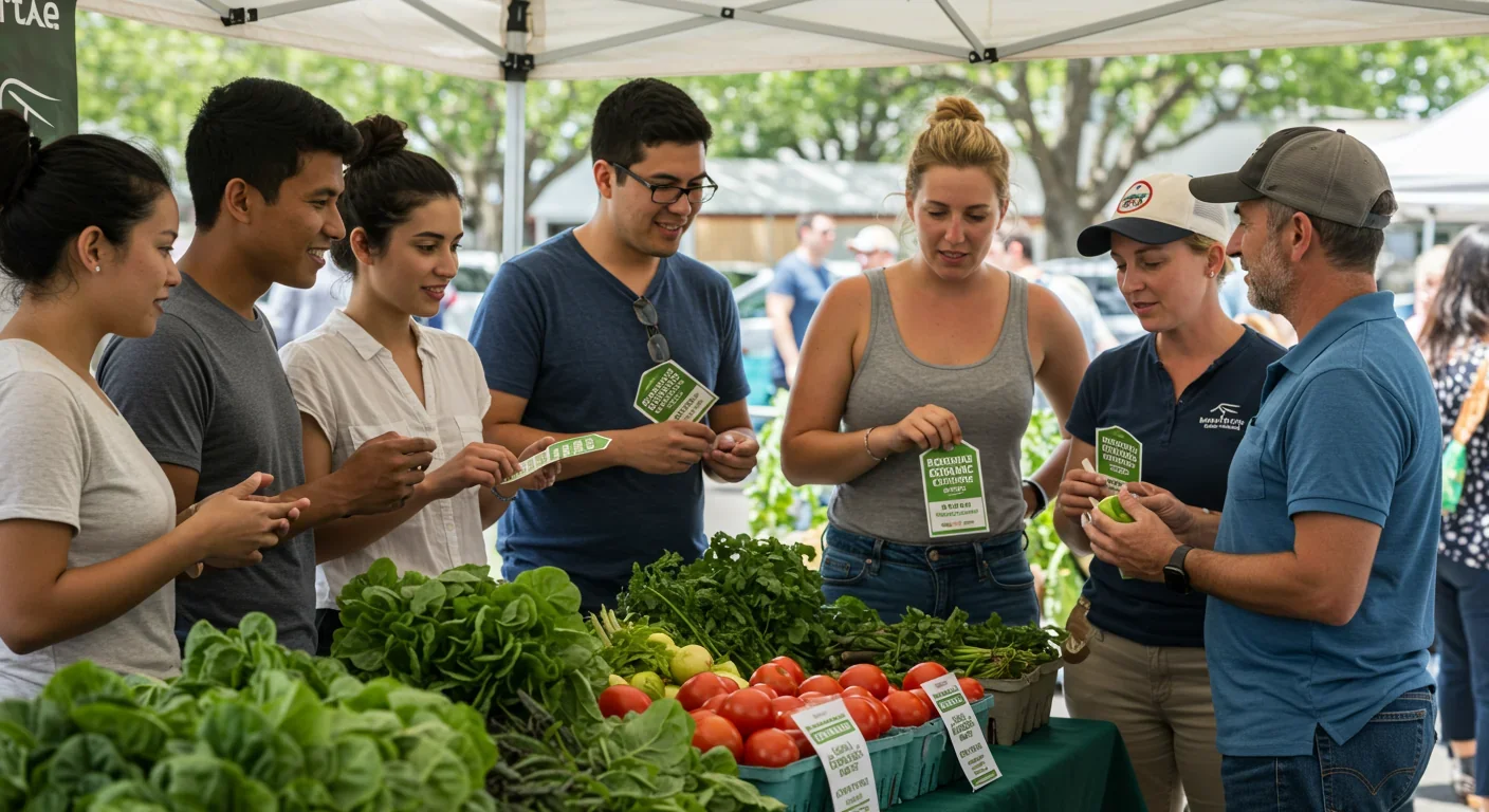 Consumers purchasing Regenerative Organic Certified produce at farmers market from local growers