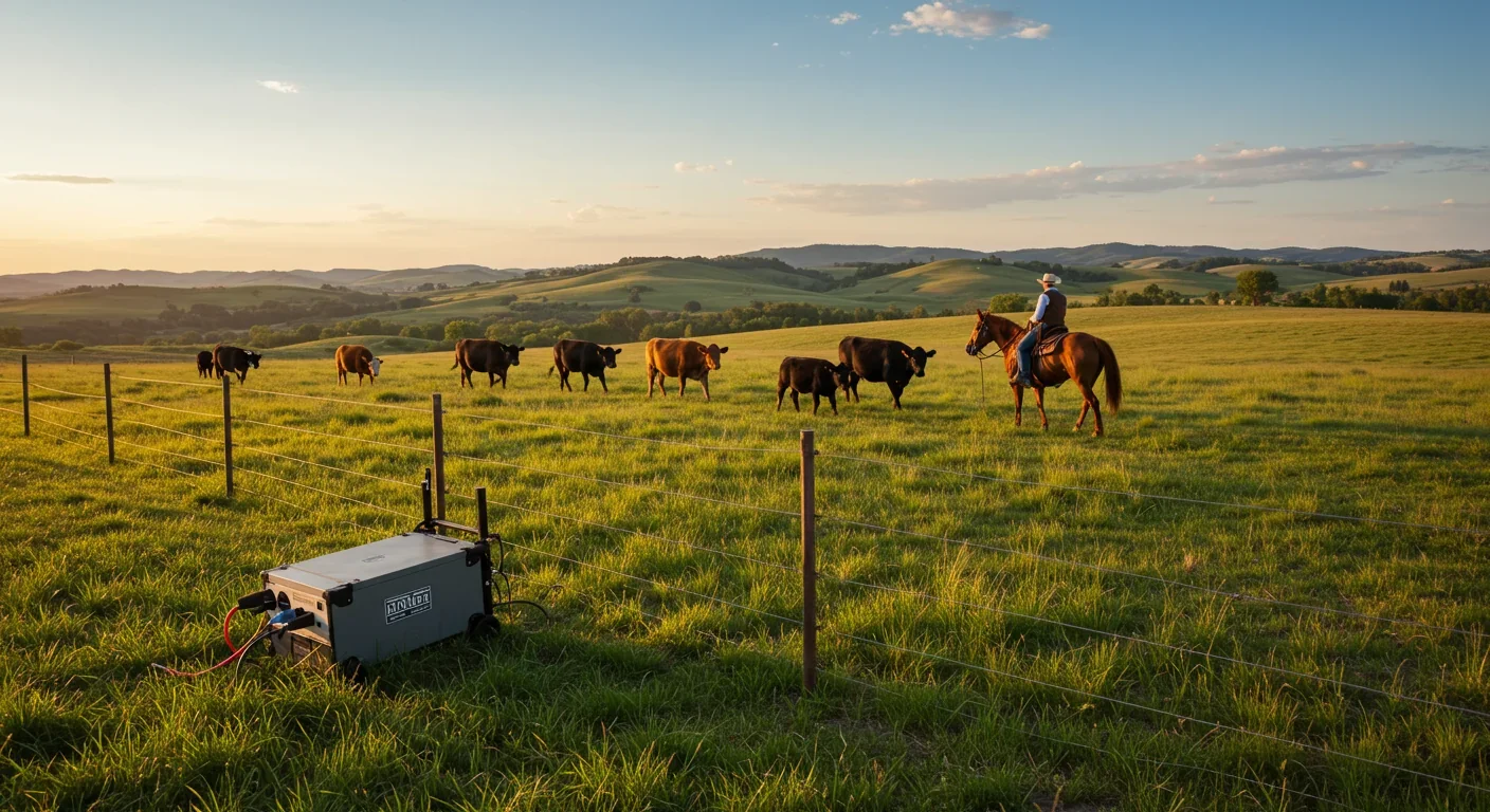 Rancher moving cattle across green pasture with portable fencing for rotational grazing
