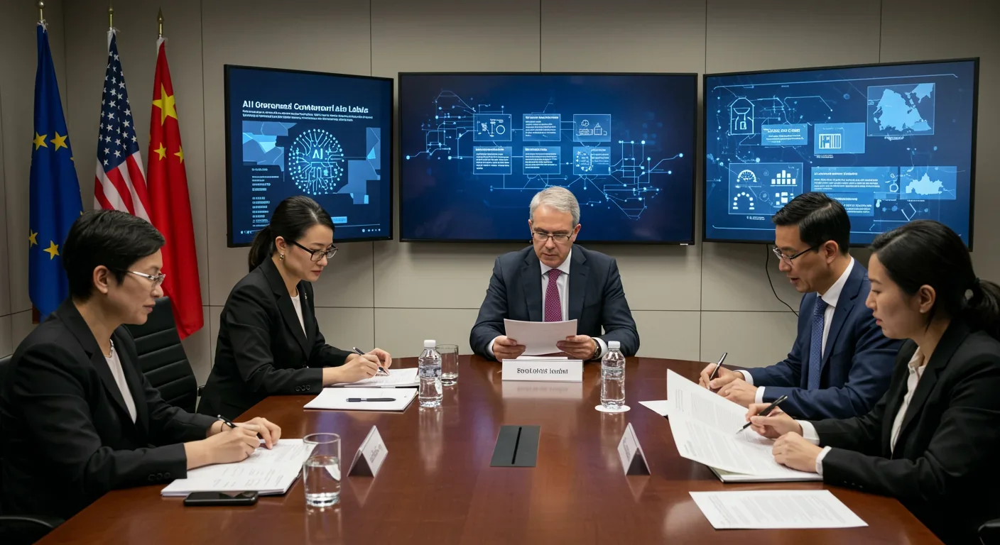 International policymakers and tech experts collaborating on deepfake and synthetic media regulation at a multilateral summit