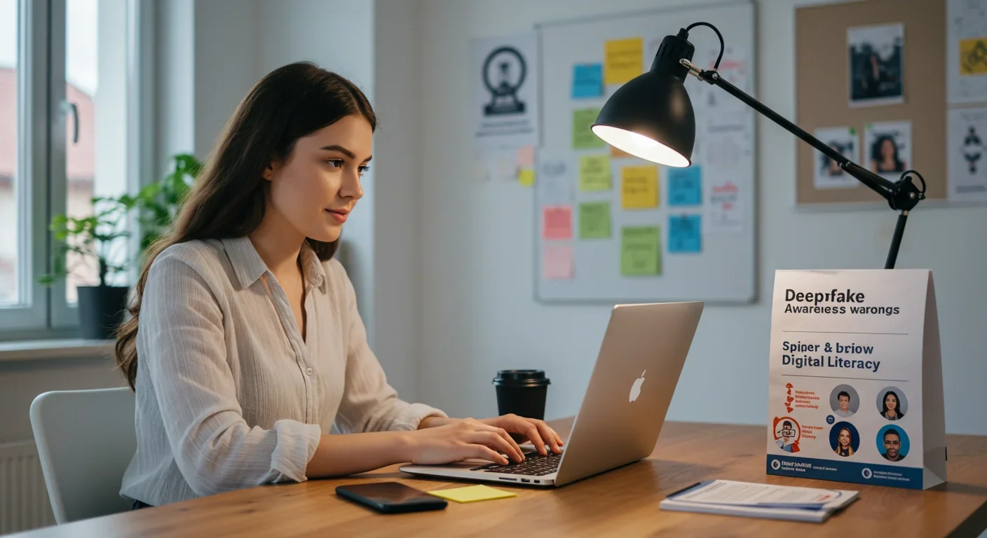 Individual reviewing social media privacy settings and deepfake awareness materials to protect personal digital identity