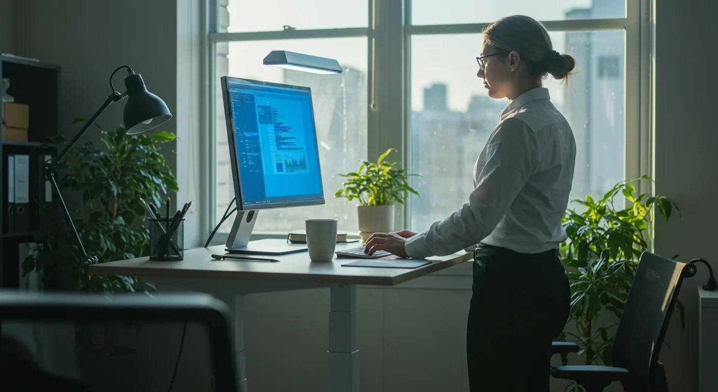 Professional working in naturally lit office space with circadian-friendly setup