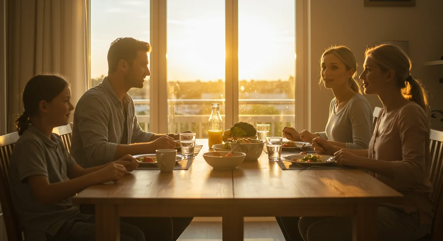 Family sharing early evening meal aligned with circadian rhythm timing