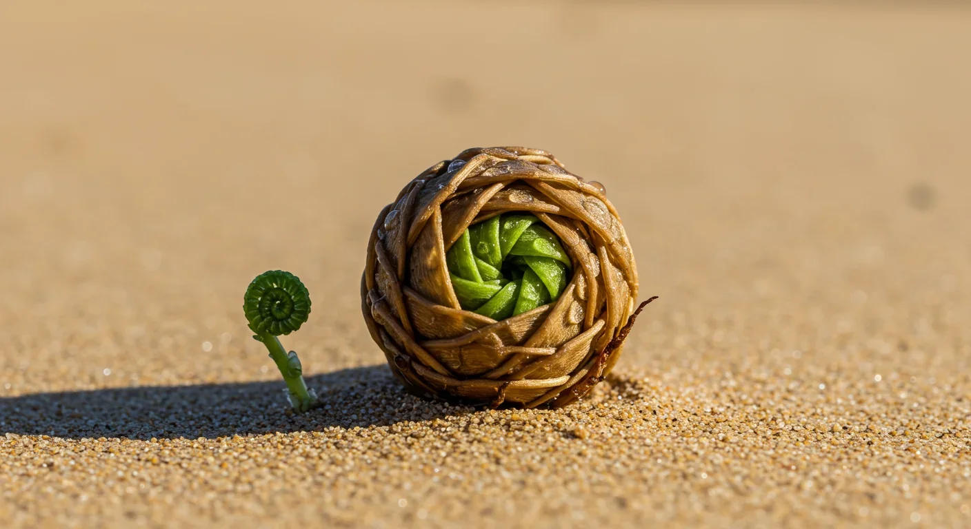 Dried resurrection plant unfurling green fronds as water droplets rehydrate its brown curled leaves on desert sand