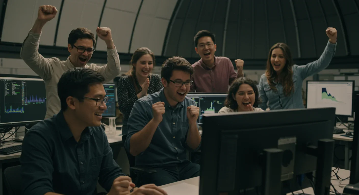 Astronomers celebrating potential alien signal detection in observatory